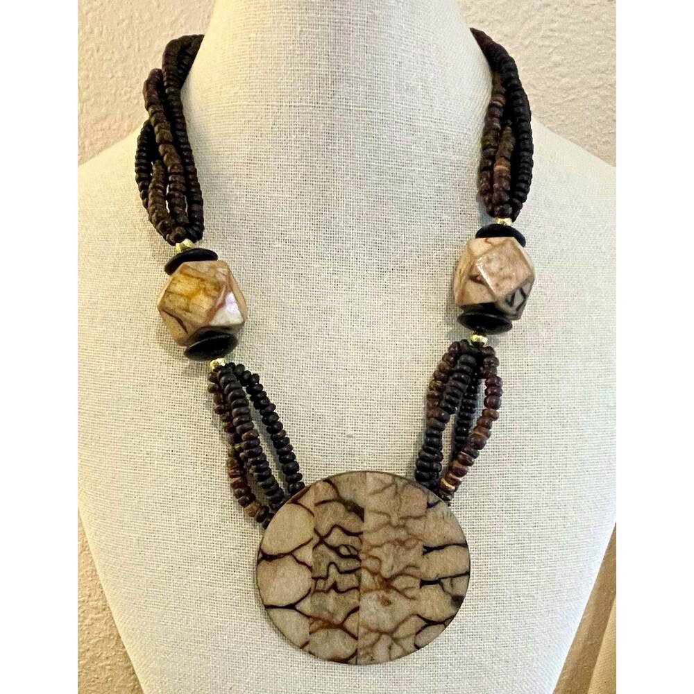 Vintage Brown Large Round Pendant Wood bead Multistrand Gold Tone Necklace